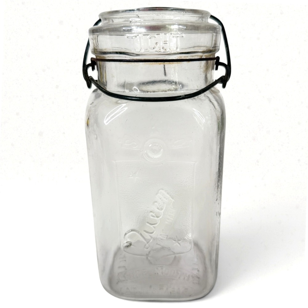 Queen Canning Jar Glass Clear Lid Smalley Kivlan Onthank Wire Bail Square Boston